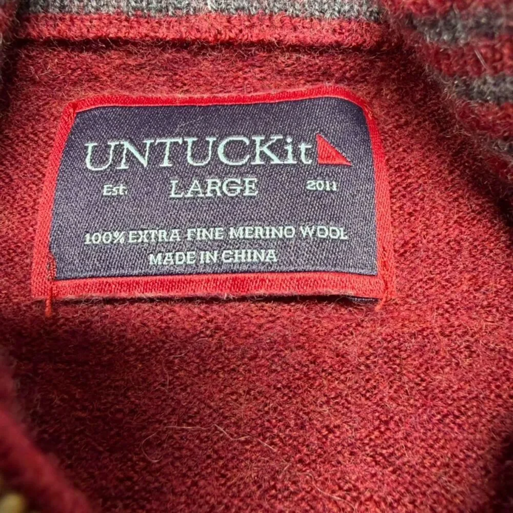 UNTUCKit Men's Large 100% Extra Fine Merino Wool Red Quarter Zip Sweater